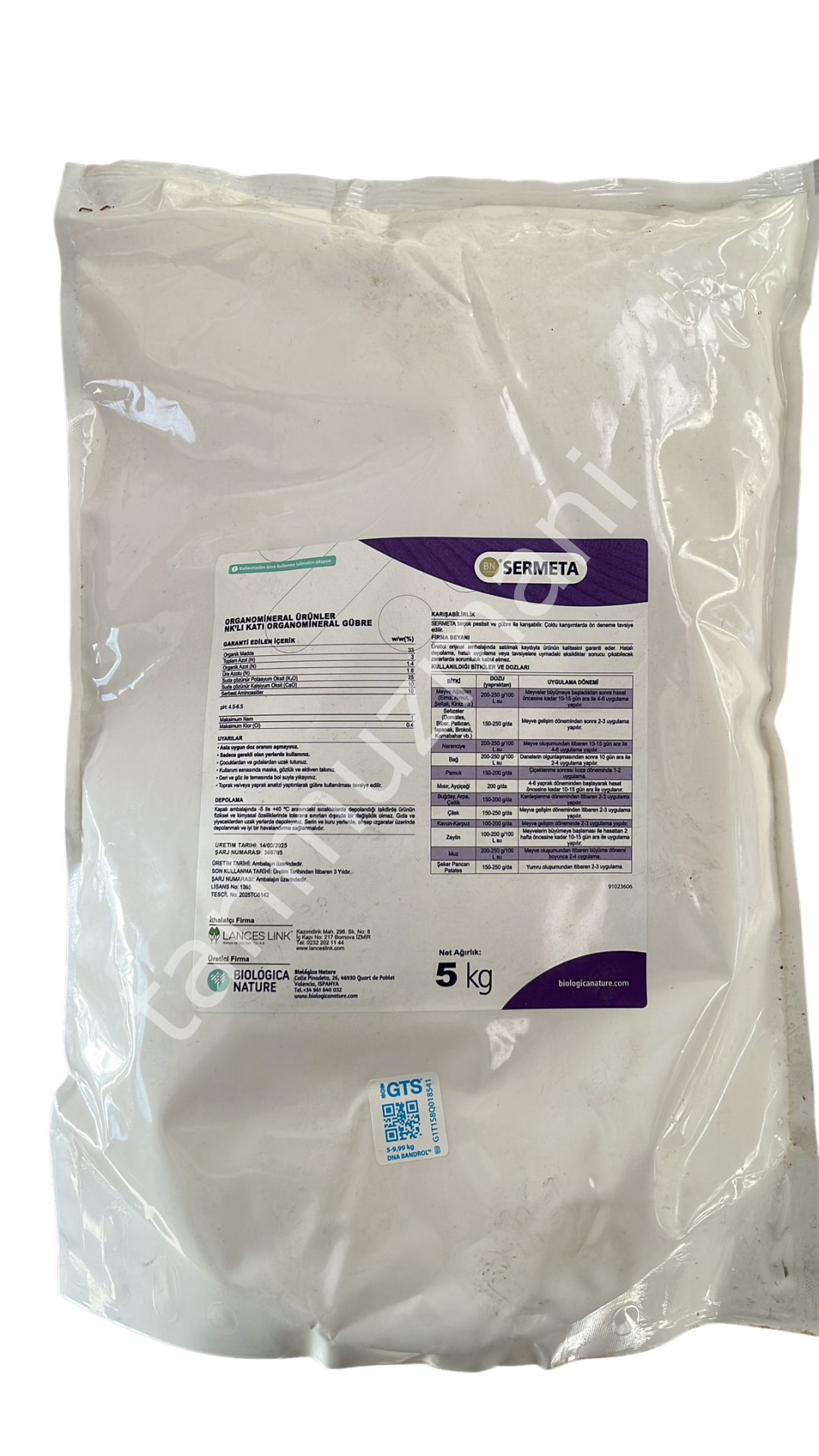 Biologica Nature by DSG Sermeta NK Organomineral Gübre 3-0-25+10 CaO+10 Aminoasit 5KG