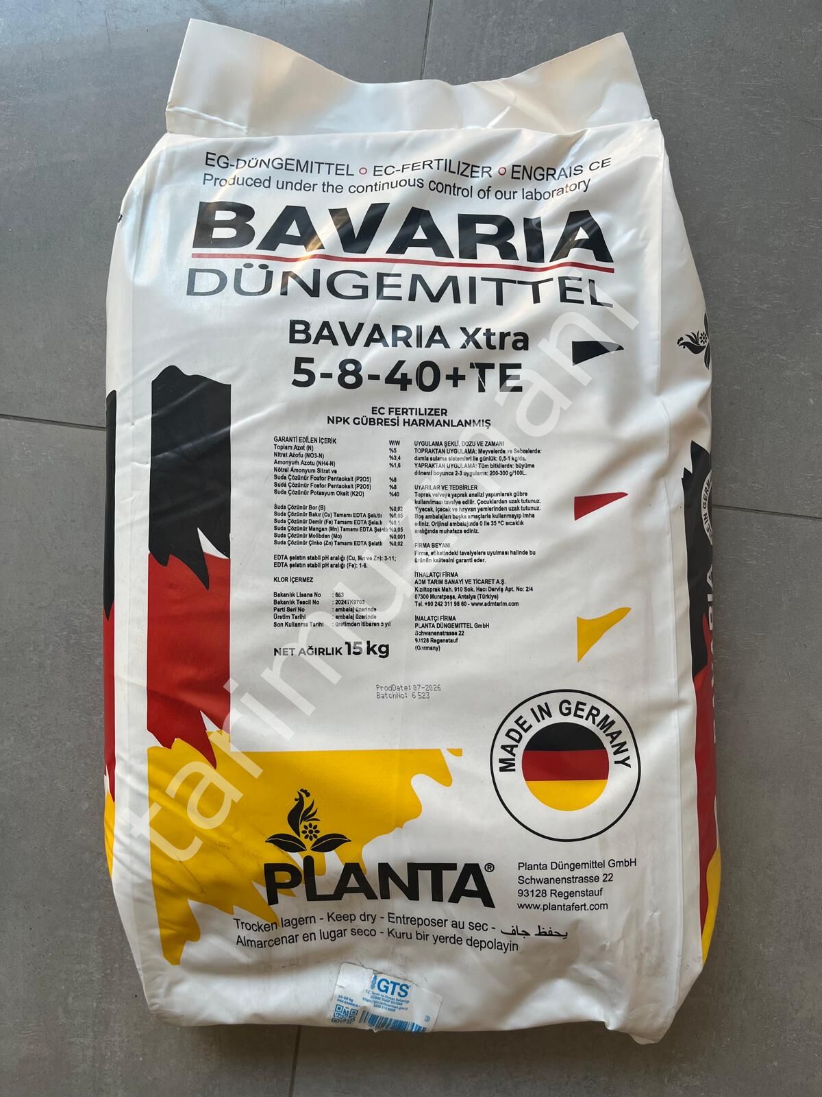 Bavaria Düngemittel Xtra 5-8-40+TE Suda Çözünebilir NPK Gübresi 15 Kg